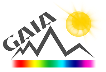 logo gaia - disegno stilizzato di una montagna col sole e scritta "gaia"